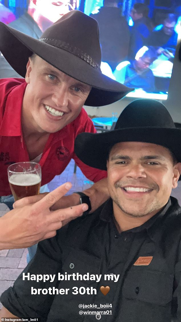 Wighton and Mitchell share a cheerful photo from earlier in the evening as they celebrated the ex-Raider's 30th birthday before the alleged fight