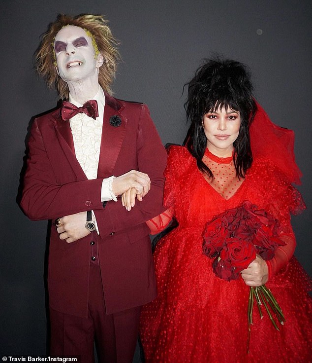 Movie Character: From the maroon velvet suit and bow tie to the ghostly white face and sunken eyes to the wild hair and shiny white dress shoes – Barker, 47, embodies Beetlejuice