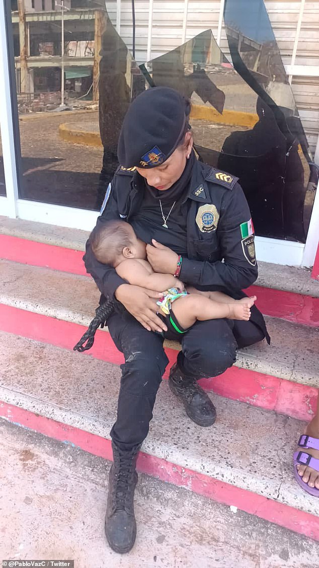 Arizbeth Ambrosio, a member of the Mexico City police, breastfed a four-month-old boy who had gone without food for 48 hours in Acapulco.  His mother told the officer she was having trouble finding baby food in the beach town, which was ravaged by Hurricane Otis last week