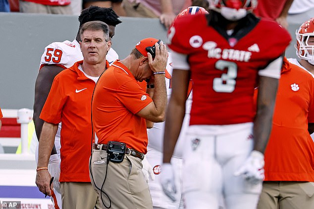 Swinney reacts on the sideline during his team's loss to NC State this weekend