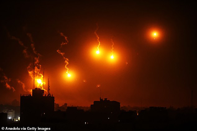 Monday was the 24th day of the conflict, when Israeli forces fired flares into the sky in the Gaza region