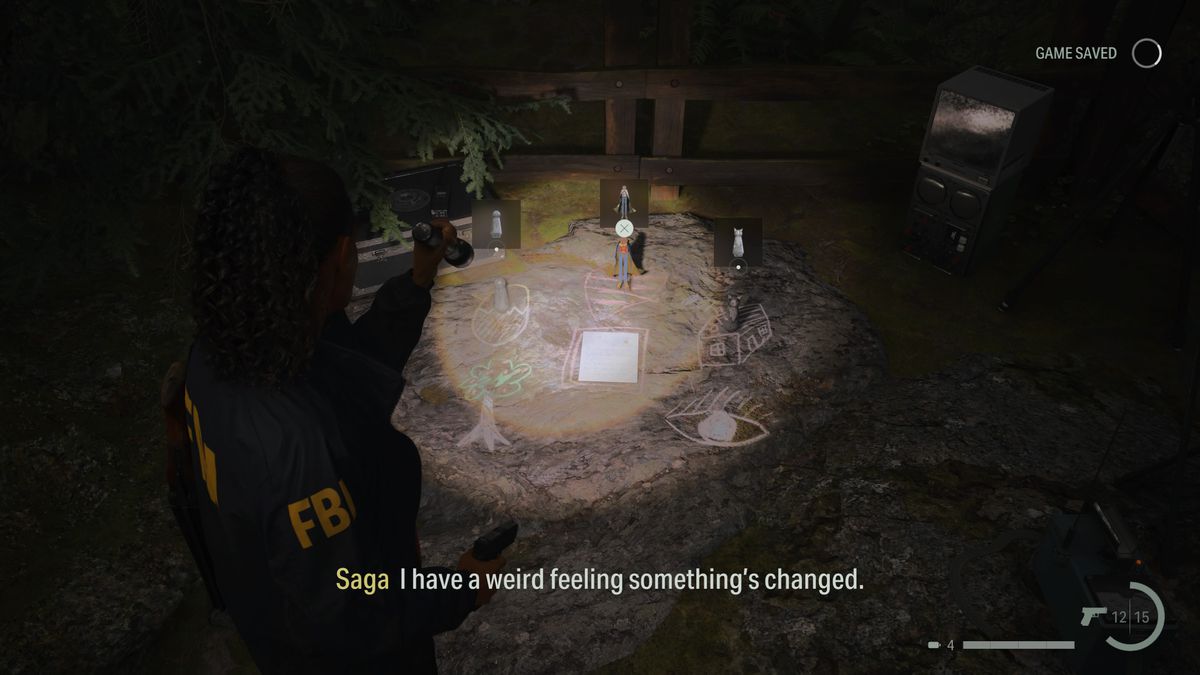 Saga looks at a solved nursery rhyme puzzle in Alan Wake 2