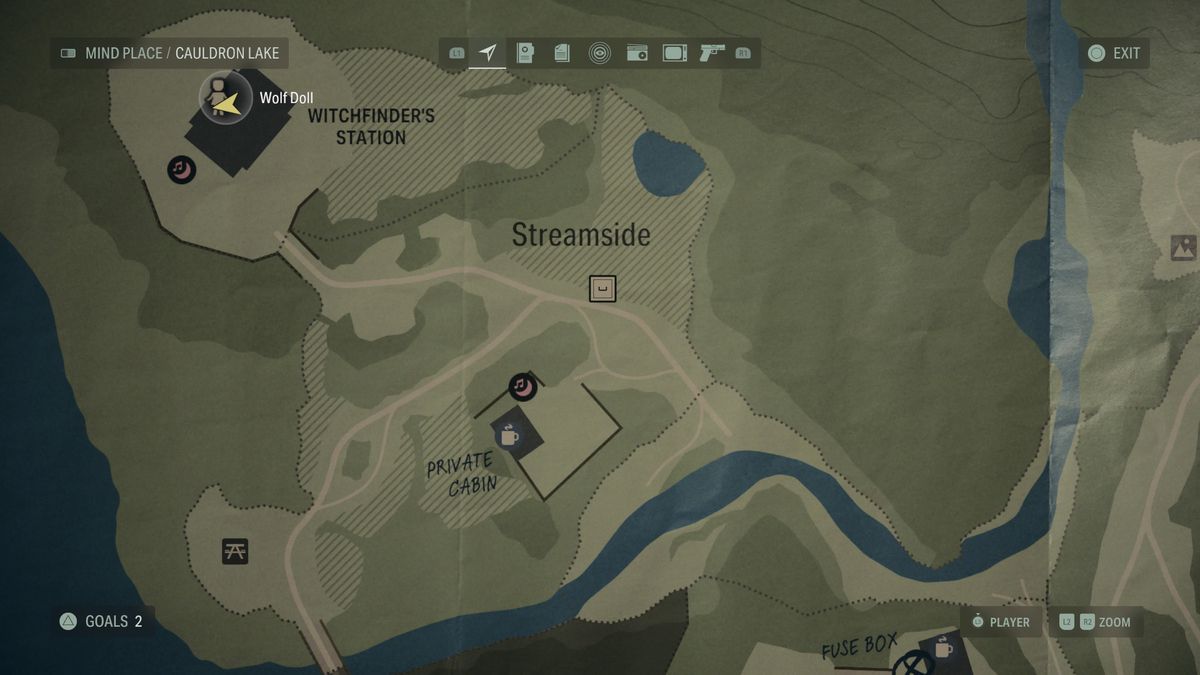 A map of Cauldron Lake showing the location of a nursery rhyme in Alan Wake 2