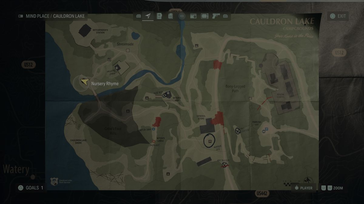 A map of Cauldron Lake showing the location of a nursery rhyme in Alan Wake 2