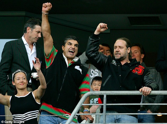 Crowe, pictured with South Sydney club legend Mario Fenech, has always been a passionate and committed co-owner of the club