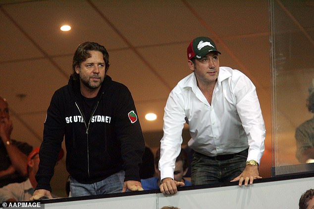 Souths Russell Crowe and Peter Holmes a Court are pictured during their early days as co-owners watching an NRL match against the Brisbane Broncos in 2007