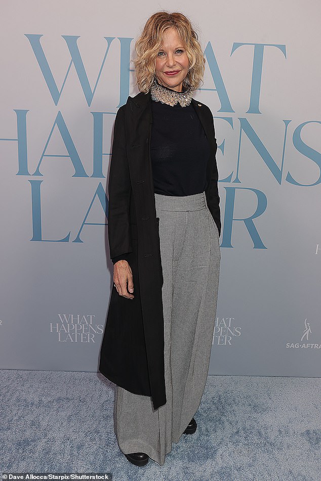 Back to the film, the When Harry Met Sally star wore a conservative gray and black outfit to present the film, which she directed.  It marks her first film role in eight years and her first rom-com in more than twenty years