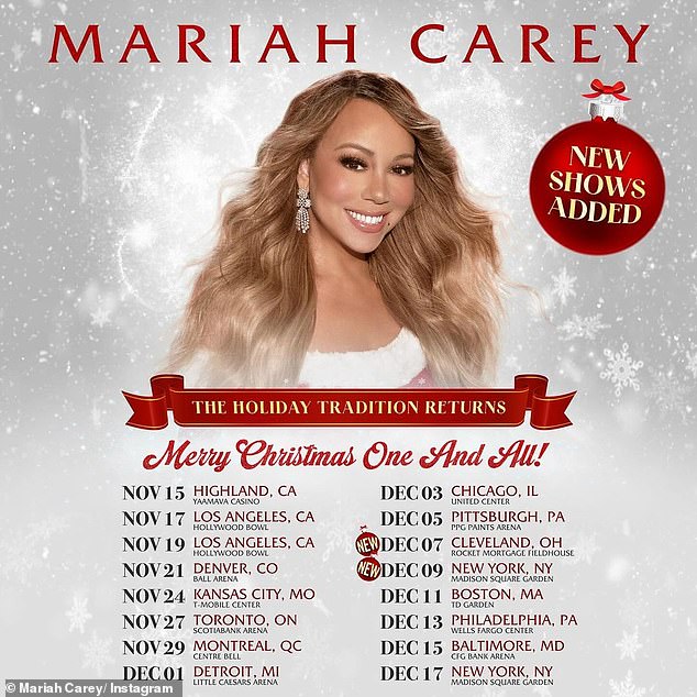 Upcoming concert tour: According to a statement from Live Nation, Carey will perform a medley of her holiday classics, including All I Want For Christmas Is You