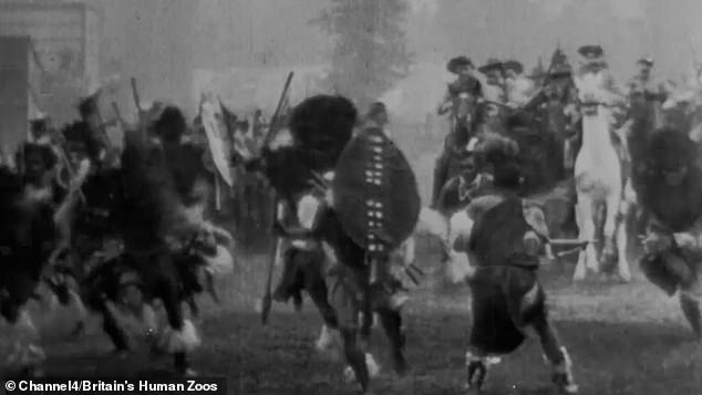 The program revealed footage from 1899 of a huge group of Africans taking part in a mock battle performed several times a day in front of paying spectators at London's Earl's Court.