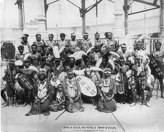 Africans are seen posing for a photo during the 'Savage South Africa expedition' in Earl's Court