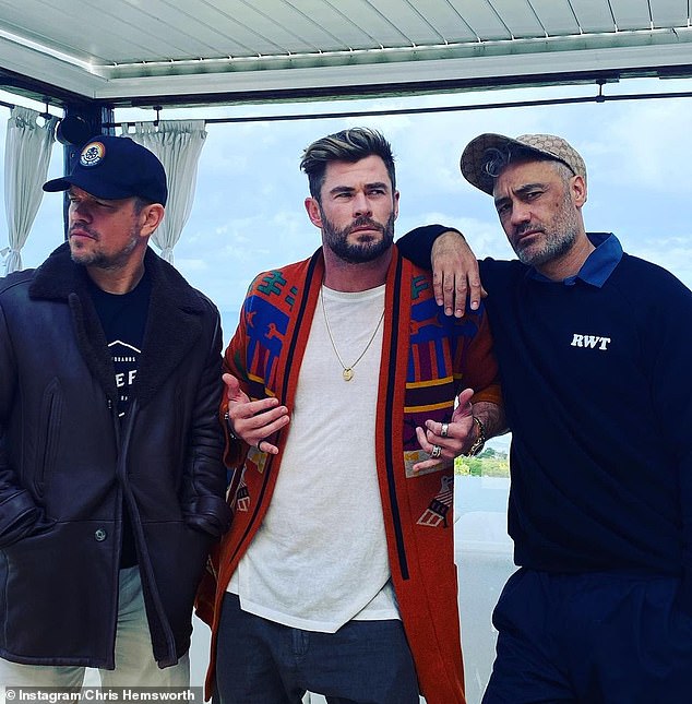 Pictured at Icebergs: Friends and Hollywood stars Matt Damon and Chris Hemsworth with director Taika Waititi