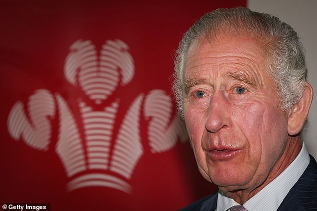 King Charles stands by the logo of 'The Prince's Trust' as he welcomes guests during a reception for African business leaders at Garrison Chapel in October