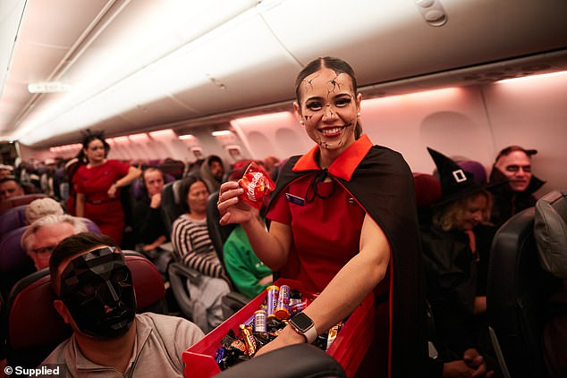 While in the air, all on board enjoyed the biggest Halloween party ever, with even more Mars Wrigley's fun treats served from spiderweb-covered carts