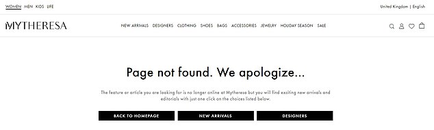 Items by the designer were previously categorized and offered for sale on Net-a-Porter and MyTheresa, but searches to find them today return only error messages