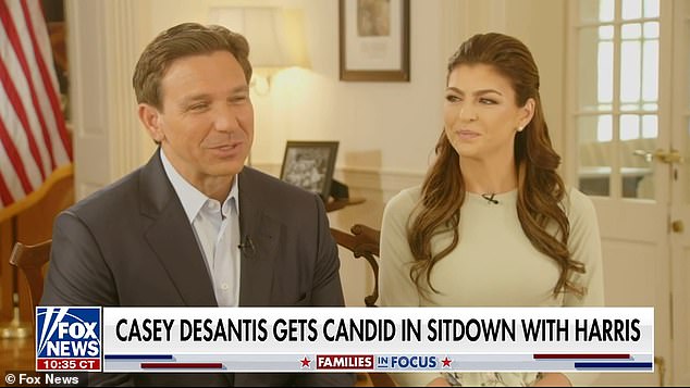 Pictured above is Casey DeSantis with her husband Ron as she talks about her battle with breast cancer