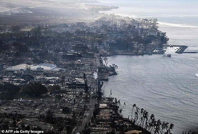 An aerial view shows destroyed homes and buildings burned to the ground around the harbor and Front Street in Lahaina