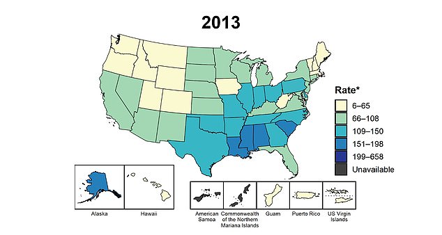 The map above shows gonorrhea rates in 2013 and shows how the number of gonorrhea cases is rising significantly nationally