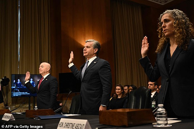 Mayorkas testified Tuesday alongside FBI Director Christopher Wray (center) and National Counterterrorism Center Office Director Christine Abizaid (right) before a hearing on threats to the home front