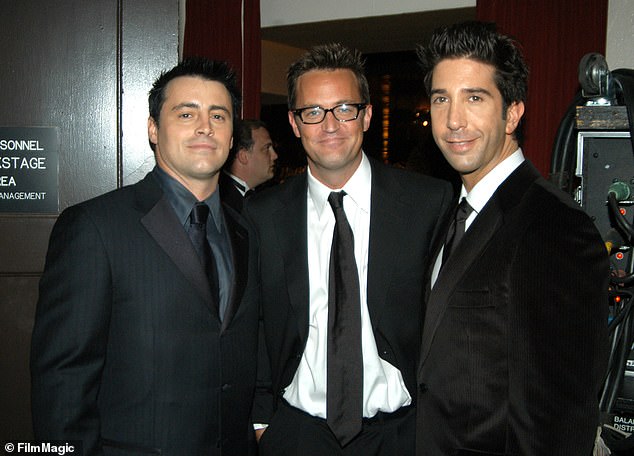 Schwimmer is seen here alongside Perry and Matt LeBlanc who all appeared on the hit show