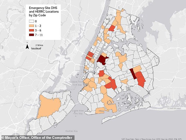 A map from the Mayor's Office showing the location and density of hotels and shelters officially known as Humanitarian Emergency Response and Relief Centers (HERRC)