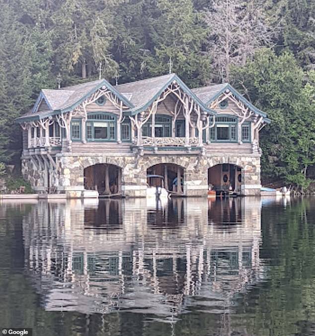 A photo of the boathouse at Camp Topridge, the private Adirondacks resort owned by billionaire Harlan Crow.  Camp Topridge is by invitation only and has some unusual features, including a replica of Hagrid from Harry Potter's hut