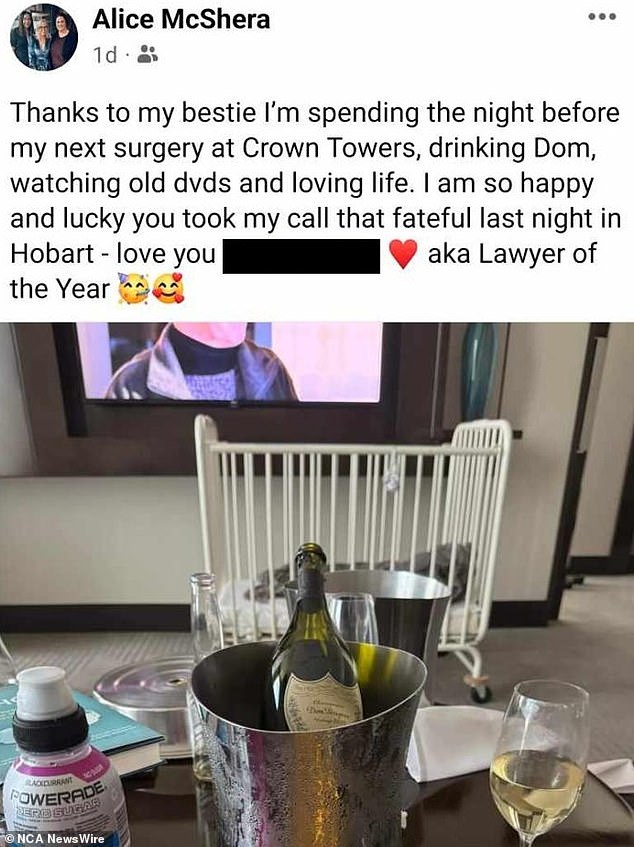 In Ms McShera's last social media post, she said she was 'spending the night before my next surgery... drinking Dom (Perignon champagne), watching old DVDs and loving life'