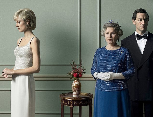 Princess Diana, played by Elizabeth Debicki, Prince Charles, played by Dominic West, and The Queen, played by Imelda Staunton, appear in the 'House Divided' posters for series five of the controversial Netflix drama The Crown