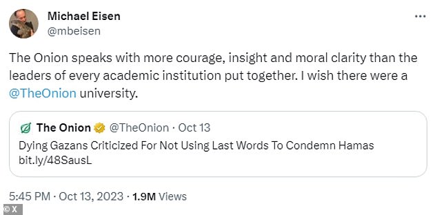 Michael Eisen, editor-in-chief of an academic journal and UC Berkeley geneticist, was fired from his position after retweeting a satirical news headline from The Onion that criticized 