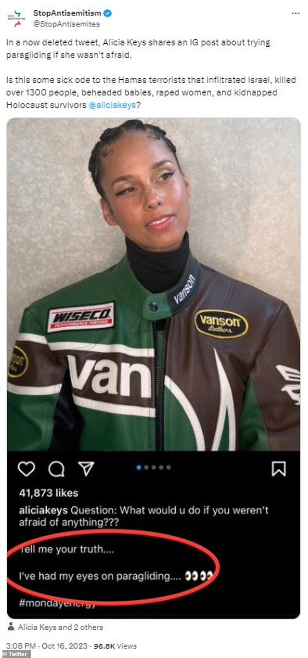 The latest: Alicia Keys, 42, was at the unlikely center of controversy on Monday after an anti-Semitism advocacy group criticized her social media post, saying she was using coded messages to signal her support for Hamas amid its war with Israel