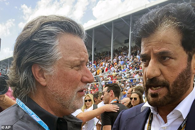 Michael Andretti, left, talks to FIA President Mohammed bin Sulayem during the Miami Grand Prix