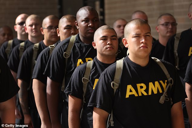 The US military is battling a fitness crisis caused by a growing number of obese troops and 'skinny' recruits who can't pass fitness tests.  Pictured: US Army cadets participating in the Army's new Future Soldier Prep Course at Fort Jackson, SC on September 28, 2022