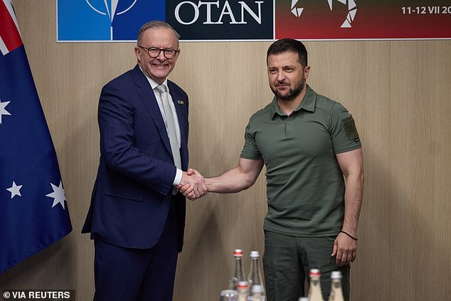 Prime Minister Anthony Albanese (left) met with Ukrainian President Volodomyr Zelenskiy (right) on the sidelines of a NATO summit in Lithuania last year