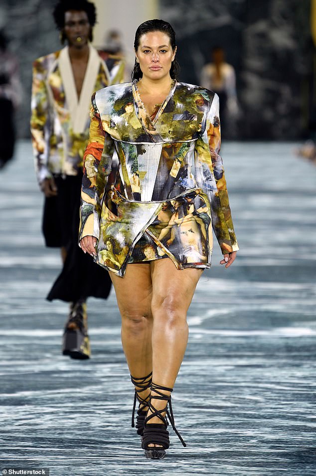 Plus-size model Ashley Graham pictured on the Balmain catwalk in September 2022