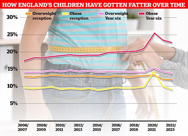 More than a million children had their height and weight measured under the National Child Measurement Program (NCMP).  Nationally, the rate among children in the sixth form is over a third, despite having fallen slightly since the start of Covid.  Waistlines also shrank among children in care, with the proportion of young people considered overweight falling from record highs from the first year of the pandemic