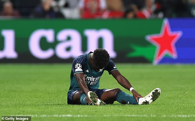 Bukayo Saka (pictured) suffered another injury during Arsenal's Champions League match against Lens