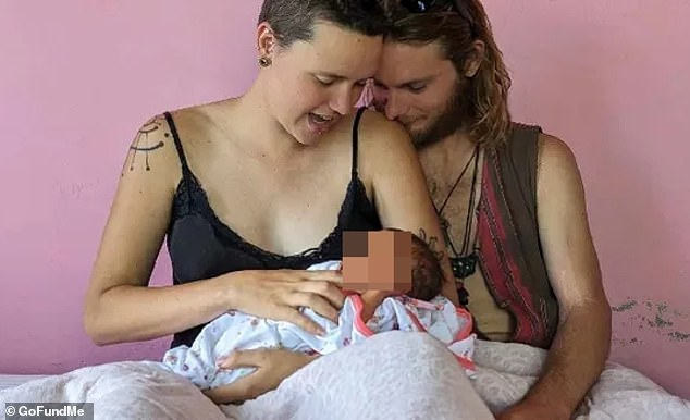 India Hodgkins gave birth to baby Neo after a terrifying 80-hour labor that moved from a tent in a rice field to a forest 'watched by monkeys' and then a barn, before finally going to a hospital small rural.  Pictured: Mrs Hodgkins with Neo and Jordan Austin