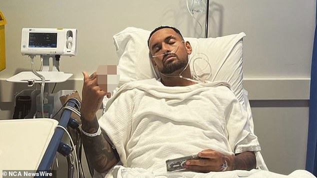 Kyrgios, 28, has played just one match on the ATP circuit this season due to injury (pictured, after knee surgery)