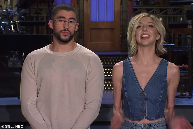 Comedy gold: Bad Bunny, 29, made a very rare reference to girlfriend Kendall Jenner, 27 during a Saturday Night Live promo ahead of hosting the show last week (pictured with comedienne Heidi Gardner, 40)