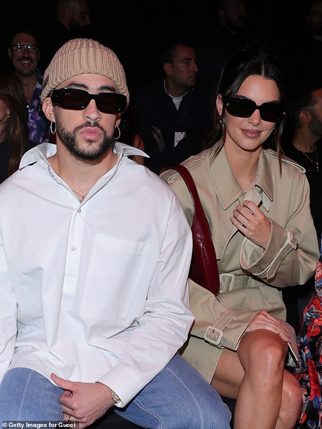 Lovebirds: The very private rapper appeared in the video alongside comedienne Heidi Gardner to announce his appearance and took the opportunity to give a cheeky nod to his supermodel lover (Bad Bunny and Kendall were pictured together last month)