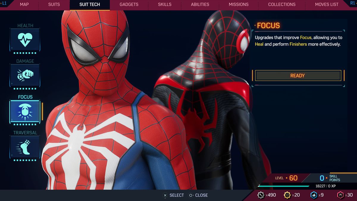 The Suit Tech menu shows Miles and Peter hatching