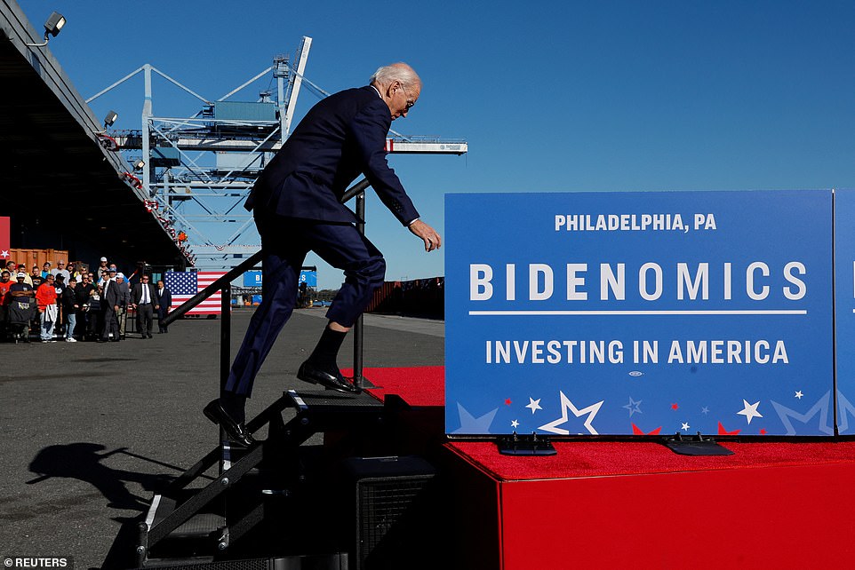 President Joe Biden tripped once again while boarding a short flight of stars at an event in Philadelphia on Friday.  The president appeared to lose his balance while scaling a trio of metal steps with a railing just as he was walking to take the stage for his event.  He quickly regained his balance and climbed up the staircase, which had a railing, and continued his demonstration.