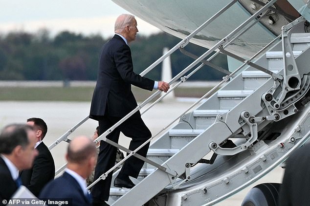 President Joe Biden boards Air Force One to depart for Israel.  He was also scheduled to stop in Jordan, but the Palestinian Authority president canceled the meeting after an explosion ripped through a hospital in Gaza