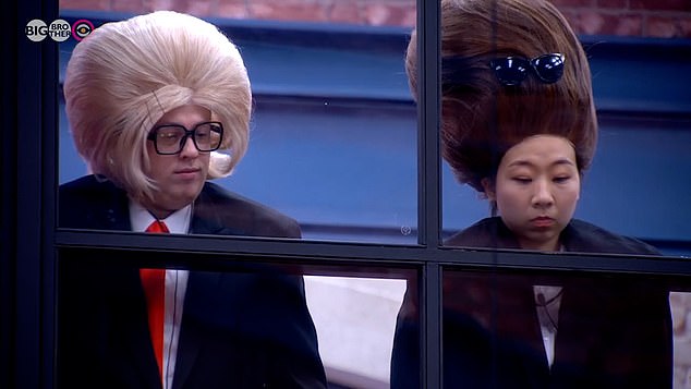Big wigs: Big Brother set the housemates their first shopping task.  Wednesday night's episode saw the group split into three groups to work for Big Bro Ltd