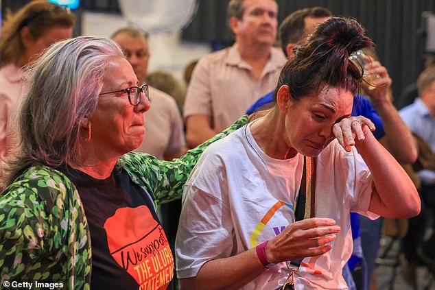 Several banks in Australia have offered paid leave and guidance to indigenous staff after Australia voted against a Voice to Parliament and indigenous recognition in the constitution on Saturday (photo, Yes supporters react to the result)