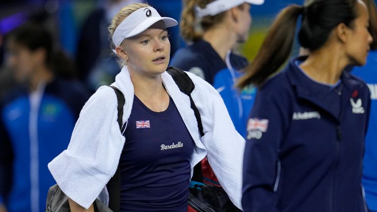 Great Britain's Harriet Dart walks off after losing the match against Kazakhstan's Elena Rybakina during day one of the Billie Jean King Cup Final at the Emirates Arena, Glasgow, Tuesday November 8, 2022. ( AP Photo/Kin Cheung)