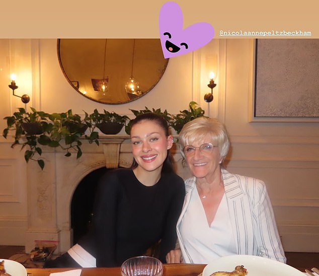 Sweet: Brooklyn Beckham felt in love again on Thursday when he shared images of a family dinner - including his wife Nicola and grandmother Sandra - via social media