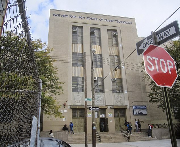 New York City has paid out $200,000 to a female student who was sexually assaulted at Transit Tech High School in East New York (seen here) — in a 2021 assault recorded on video and posted on social media by her two attackers media has been placed.