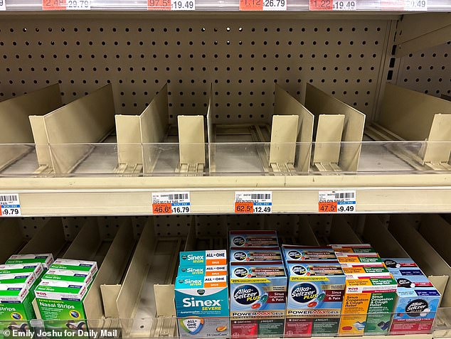 CVS will begin pulling from store shelves popular oral cough and cold products that contain phenylephrine as the only active ingredient.  Pictured: Empty CVS shelves in New York today