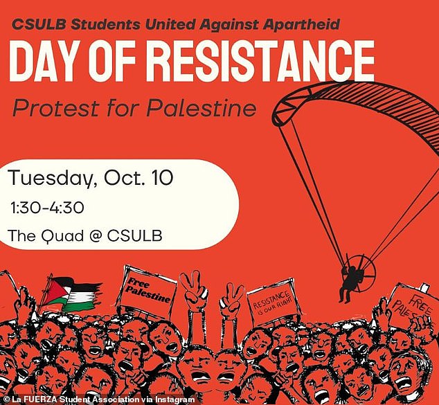 California State University's La Fuerza Student Association has been slammed for its 'sickening' and distasteful pro-Palestine protest poster (pictured) depicting a paraglider