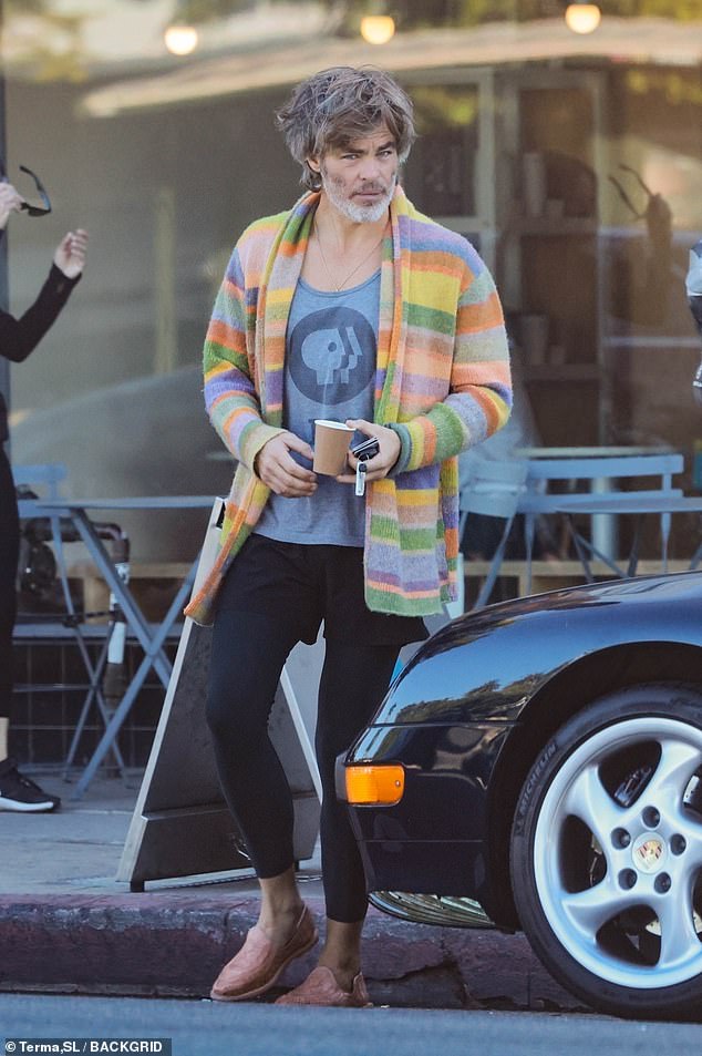 Relaxed: Chris Pine, 43, rocked shaggy hair and a gray beard as he stopped for a coffee after taking part in a dance class in the Los Feliz neighborhood of Los Angeles on Friday